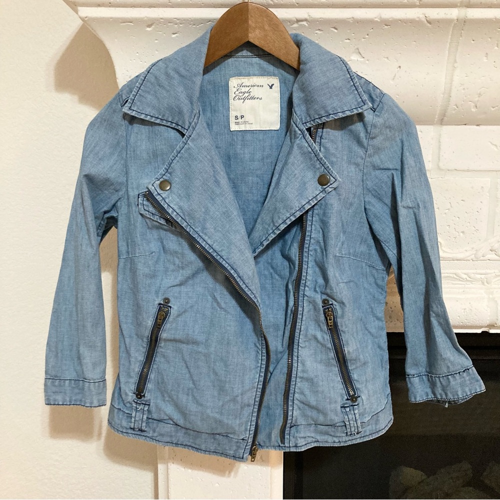 American Eagle Outfitters Denim Moto Jacket Chambray XS